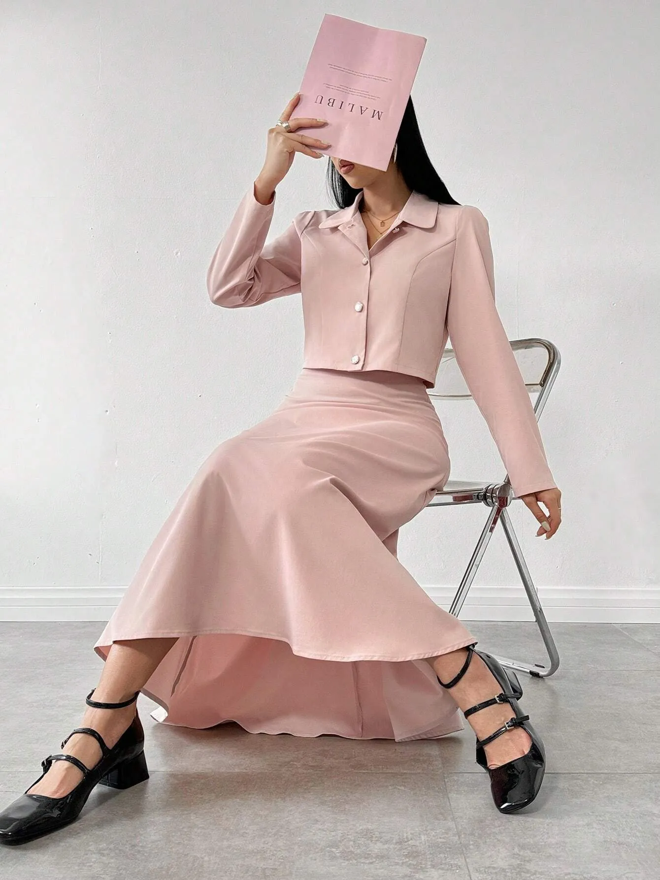 2pcs Elegant Gentle Style Elegant Pink Top And Skirt Set