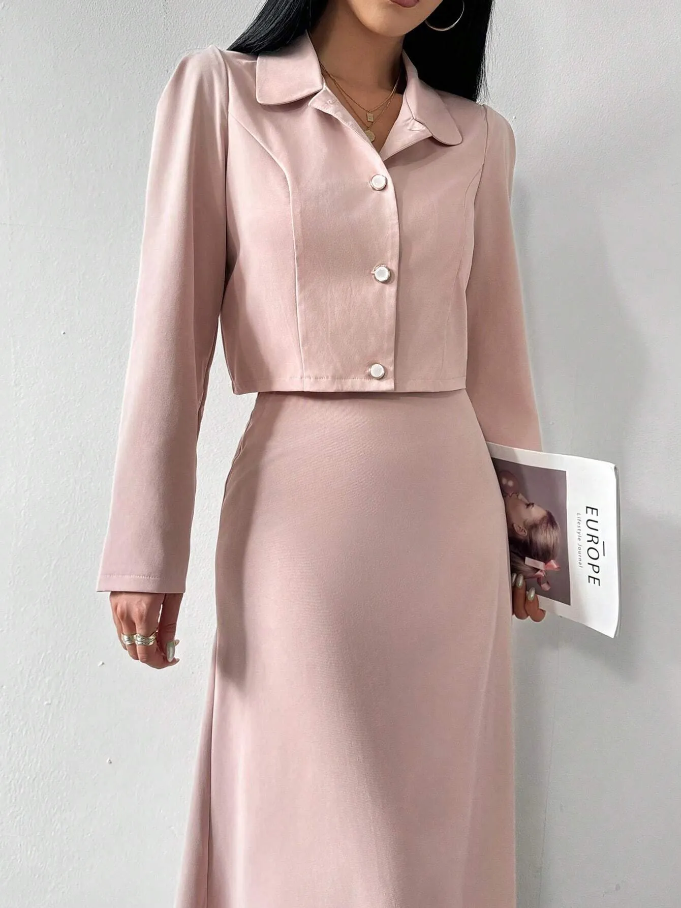 2pcs Elegant Gentle Style Elegant Pink Top And Skirt Set