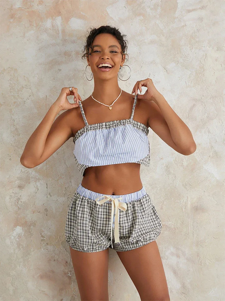 Casual Cropped Cami Tank Tops Drawstring Shorts Sleepwear Plaid Pajamas