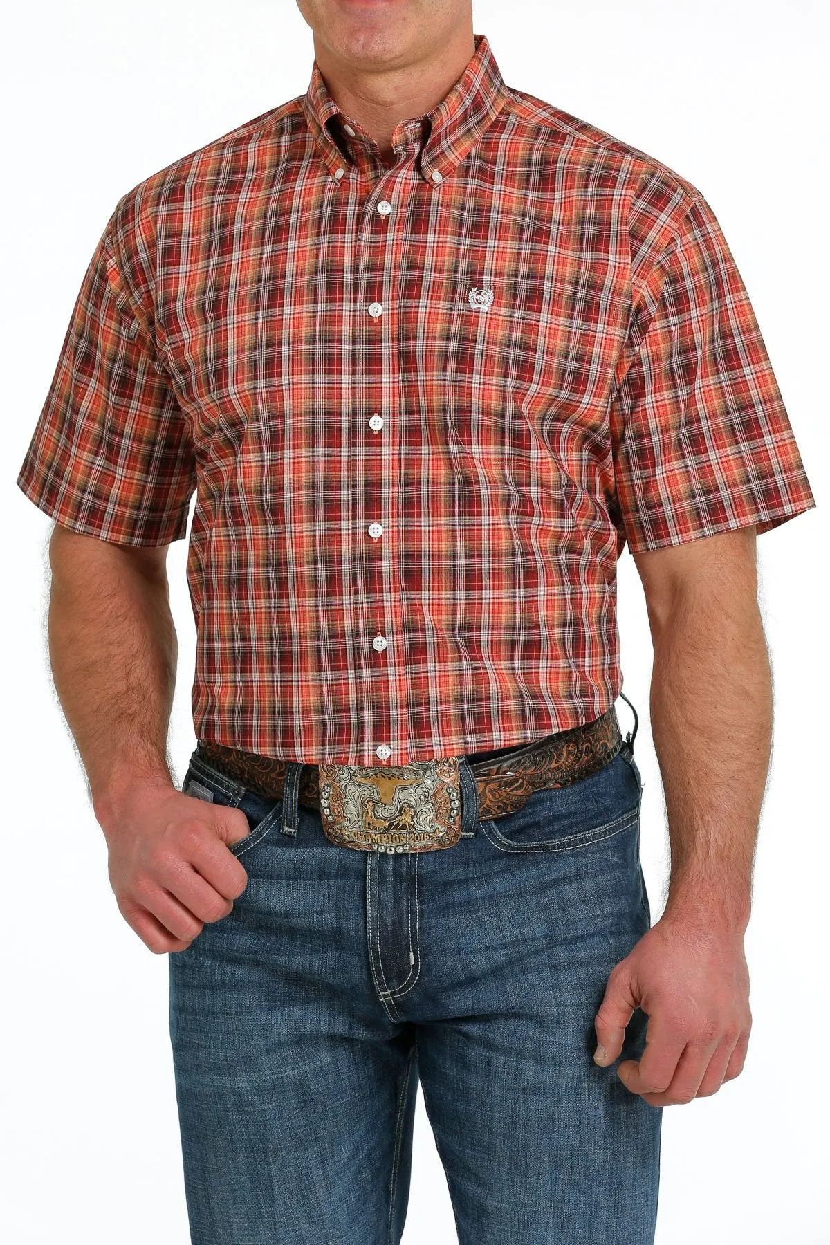 Cinch Mens Plaid Button Down S/S Shirt - Red/Orange/Black - MTW1111422