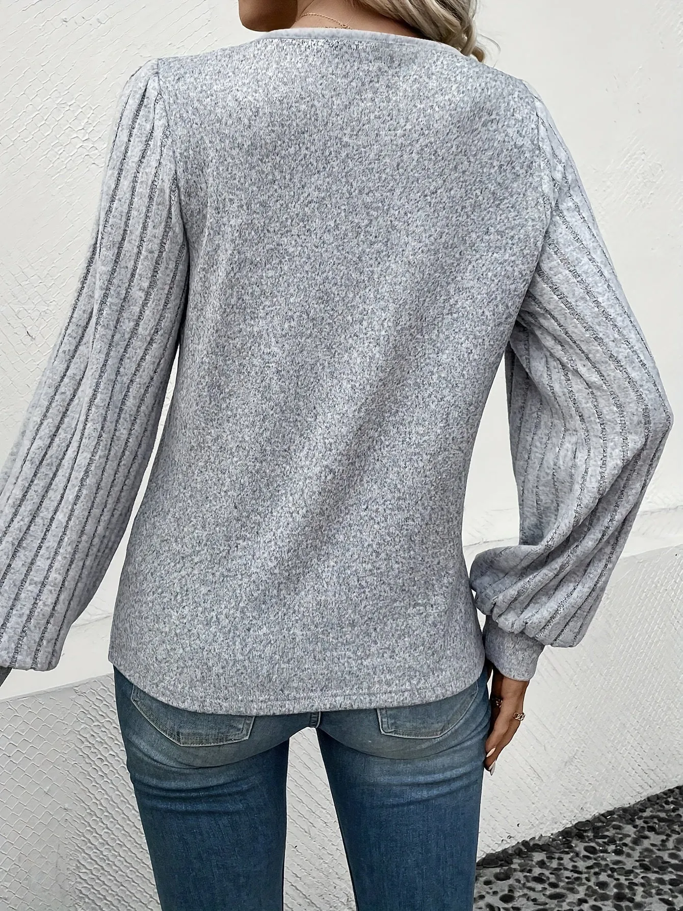 Classic Ribbed Daily Tshirt Chic Long Sleeve VNeck with Buttons