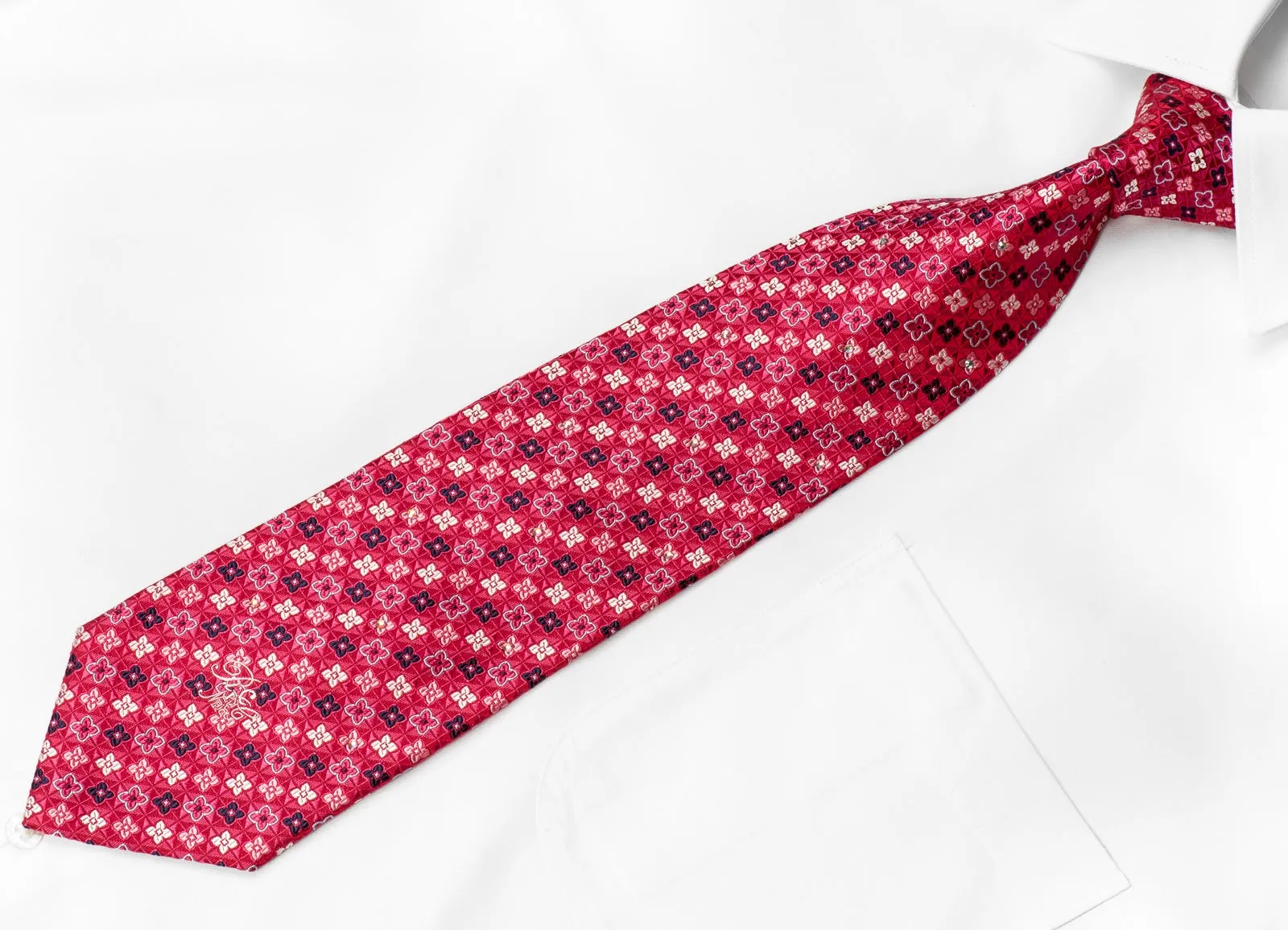 Crystal Necktie Foulard On Red Silk With Silver Sparkles