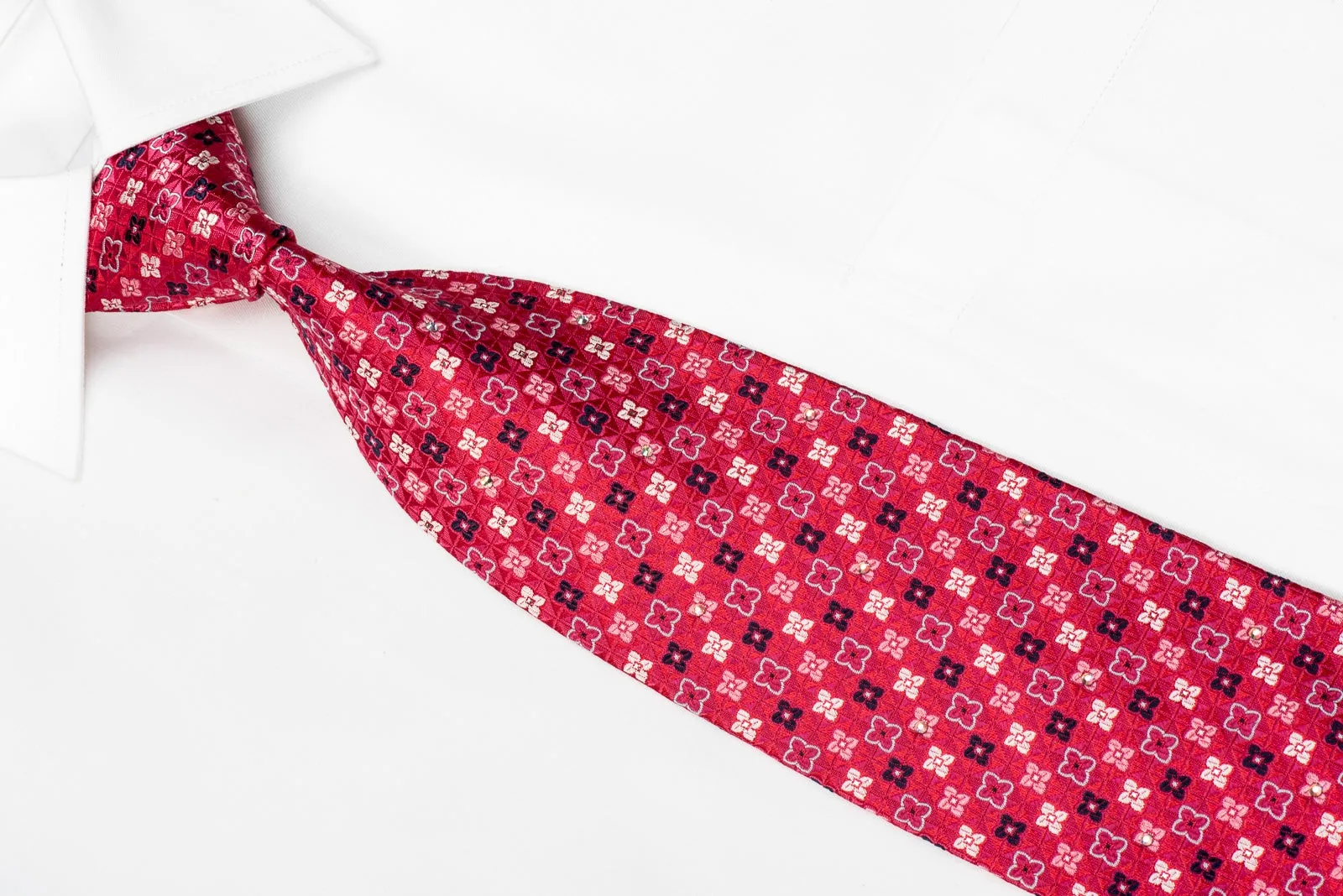 Crystal Necktie Foulard On Red Silk With Silver Sparkles
