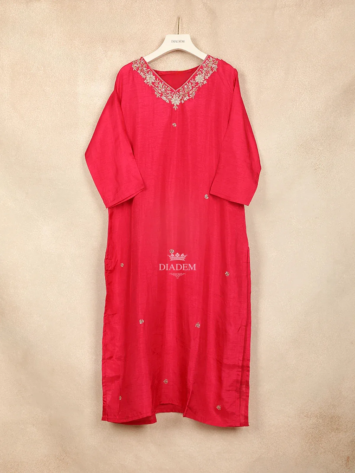 Dark Pink Straight Cut Salwar Suit Adorned with Embroided Flora Design with Dupatta.