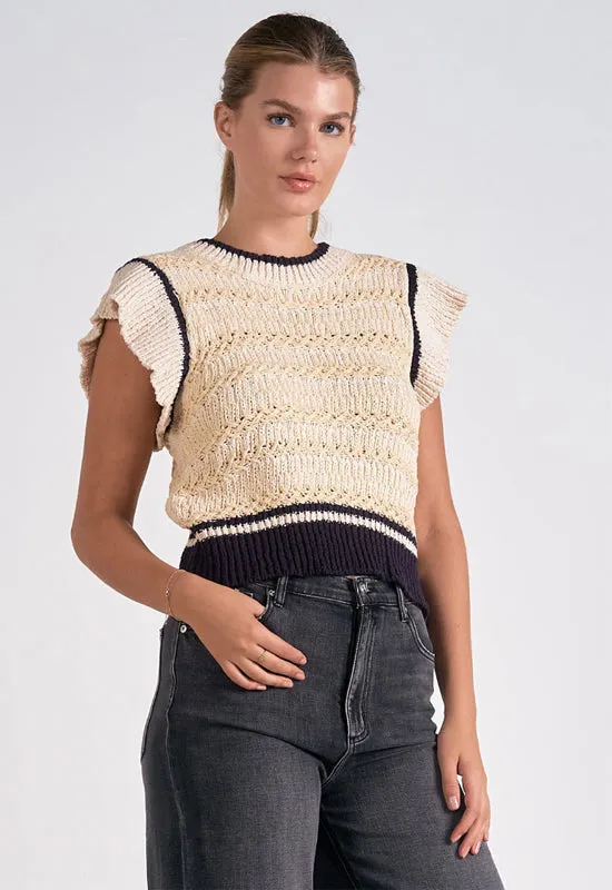 Elan - Cap Sleeve Crew Neck Sweater Beige Blue