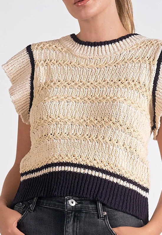 Elan - Cap Sleeve Crew Neck Sweater Beige Blue
