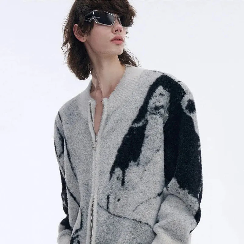 Embroidery Men's Cardigan Sweaters Vintage Round Neck Gradient Color Zipper Male Knitting Jackets Spring New Stylish 9C4262