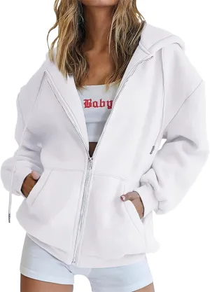 fartey Zip Up Hoodie Women Oversized Long Sleeve Sweatshirts Teen Girl Y2K Clothes Casual Drawstring Jackets With Pockets
