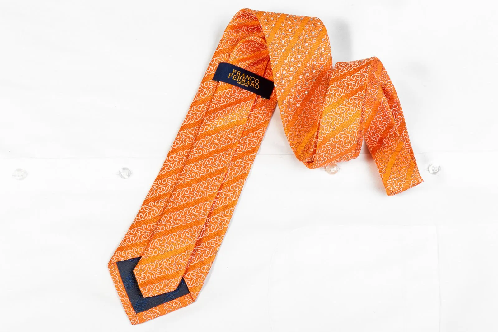 Franco Ferraro Mens Silk Rhinestone Necktie White Filigree On Orange With Silver Sparkles