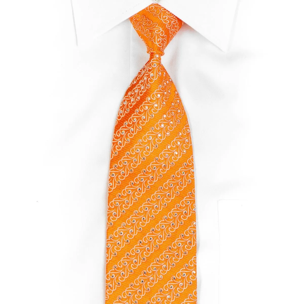 Franco Ferraro Mens Silk Rhinestone Necktie White Filigree On Orange With Silver Sparkles