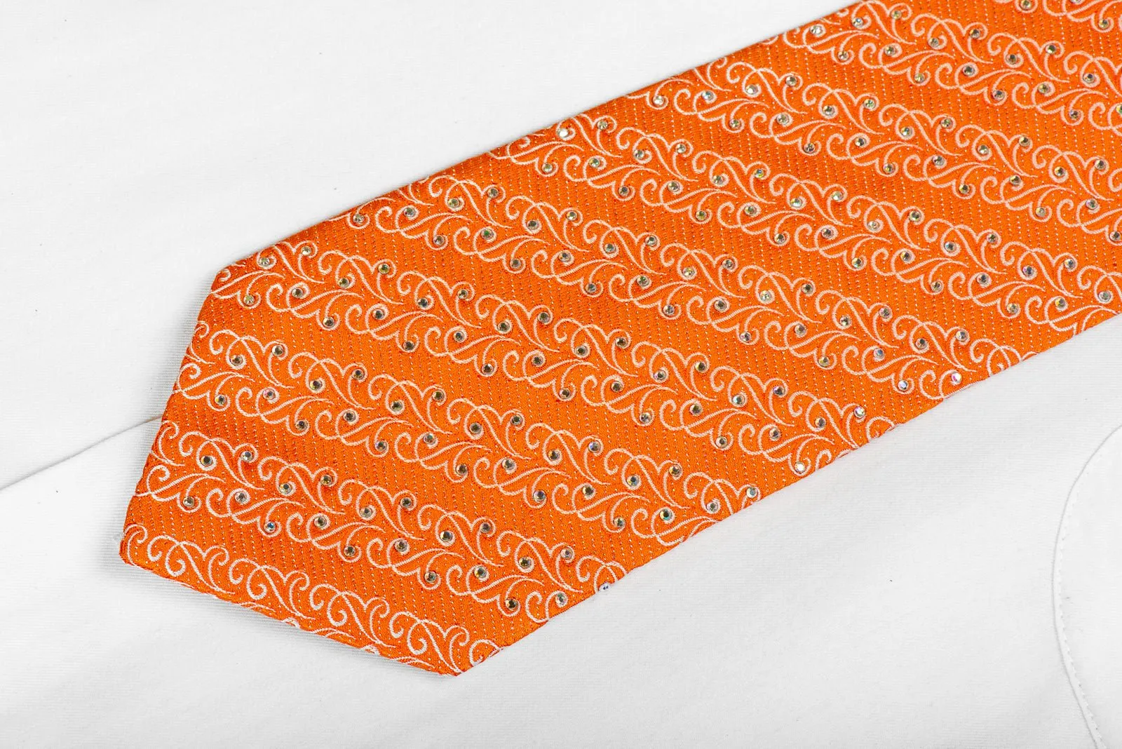 Franco Ferraro Mens Silk Rhinestone Necktie White Filigree On Orange With Silver Sparkles