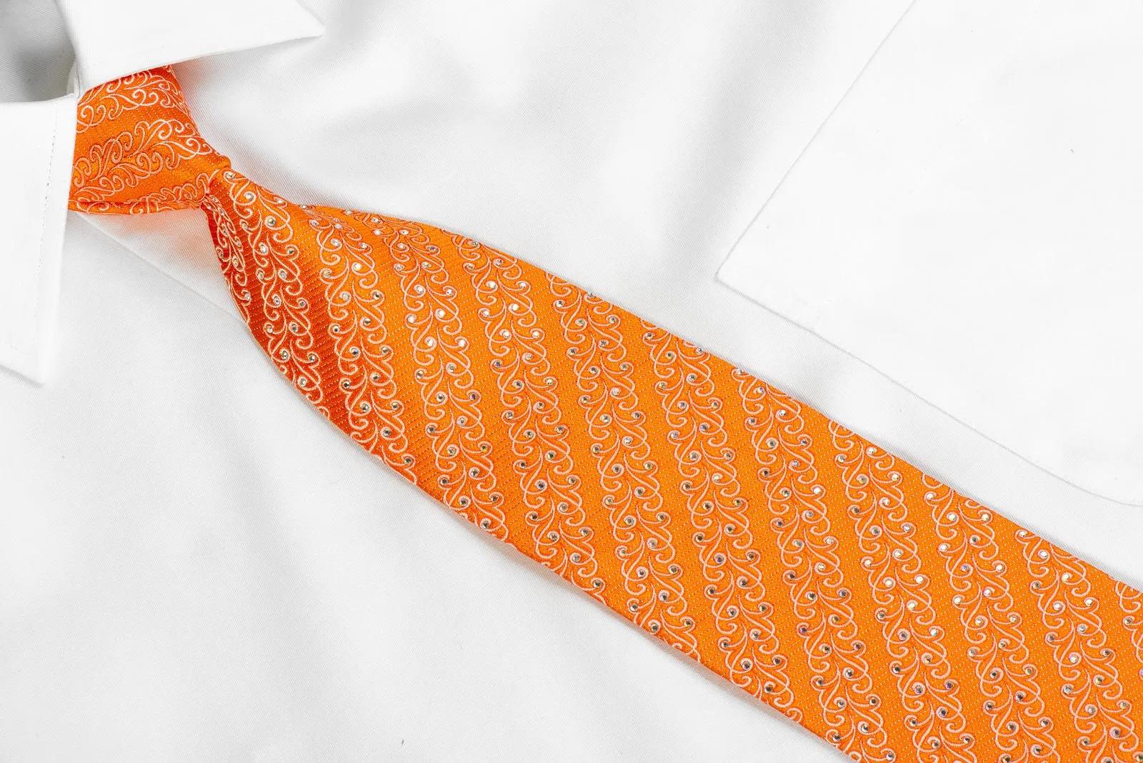 Franco Ferraro Mens Silk Rhinestone Necktie White Filigree On Orange With Silver Sparkles