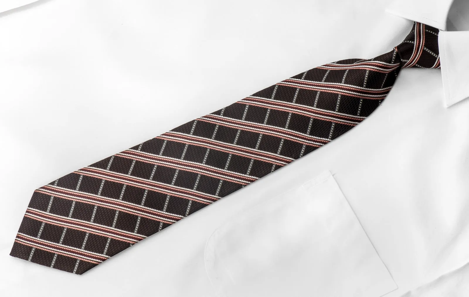 Galaxy Men's Woven Silk Necktie Orange Striped On Brown