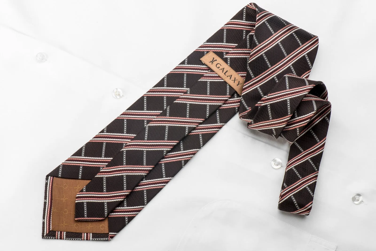 Galaxy Men's Woven Silk Necktie Orange Striped On Brown