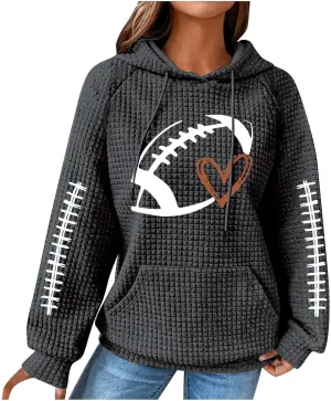 Game Day Shirts Women Long Sleeve Football Graphic Crewneck Sweatshirts Waffle Knit Hoodie Football Season Pullover