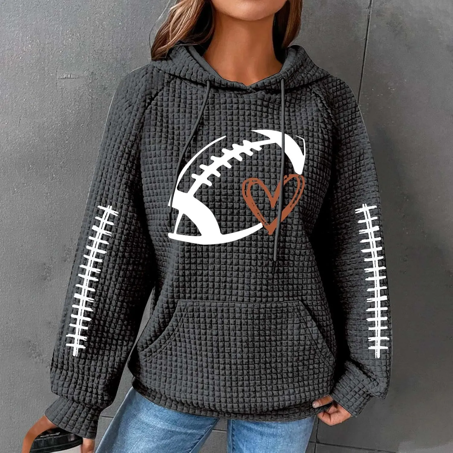 Game Day Shirts Women Long Sleeve Football Graphic Crewneck Sweatshirts Waffle Knit Hoodie Football Season Pullover