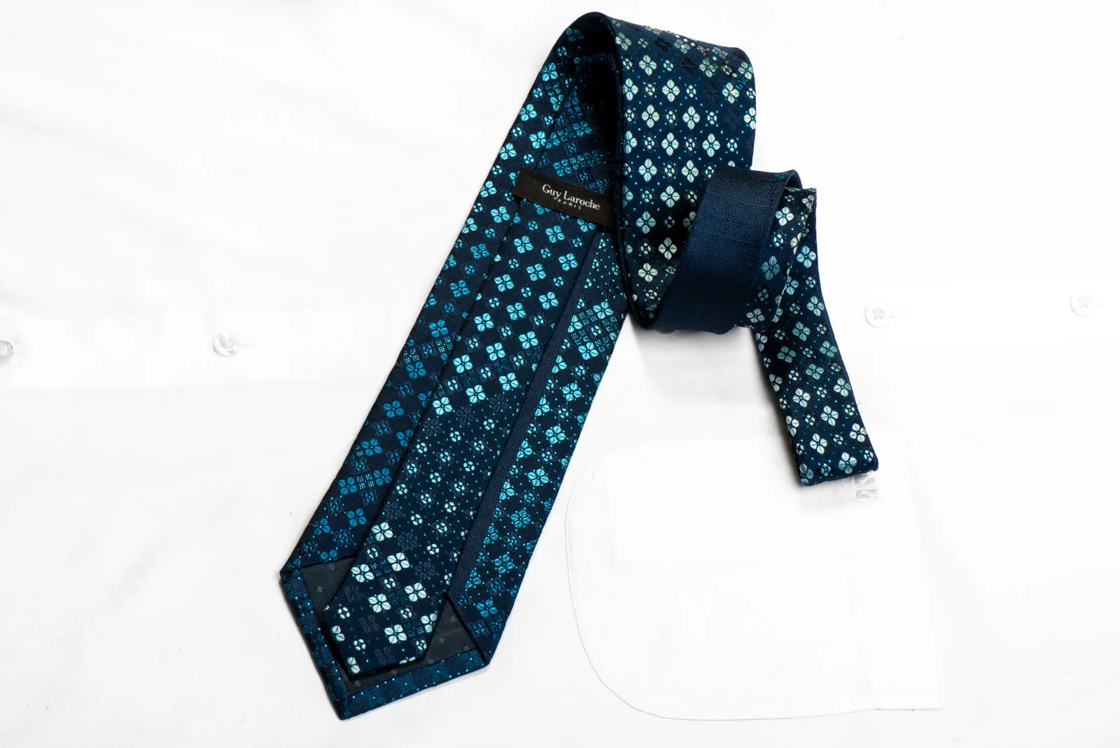 Guy Laroche Silk Tie Foulard Floral On Navy With Blue Sparkles
