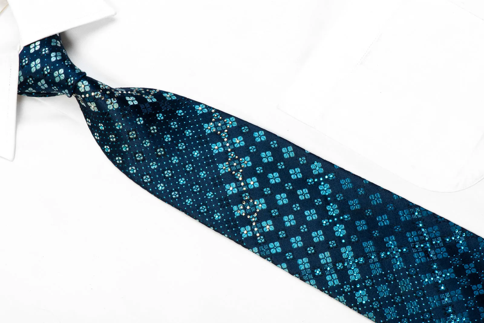 Guy Laroche Silk Tie Foulard Floral On Navy With Blue Sparkles