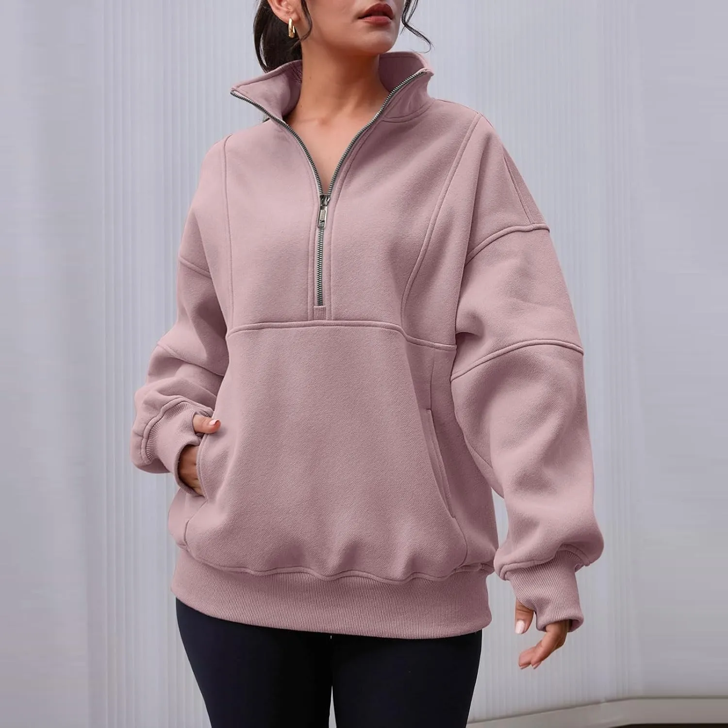 Half Zip Pullover Women Oversized Crewneck Sweatshirts with Pockets Loose Fit Thumb Hole Long Sleeve Sweaters