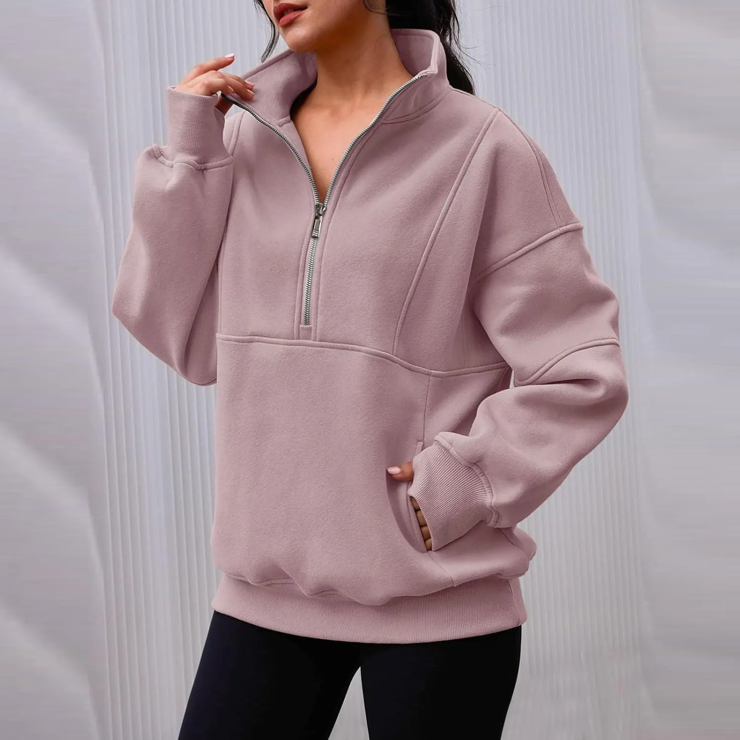 Half Zip Pullover Women Oversized Crewneck Sweatshirts with Pockets Loose Fit Thumb Hole Long Sleeve Sweaters