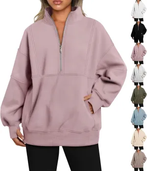 Half Zip Pullover Women Oversized Crewneck Sweatshirts with Pockets Loose Fit Thumb Hole Long Sleeve Sweaters