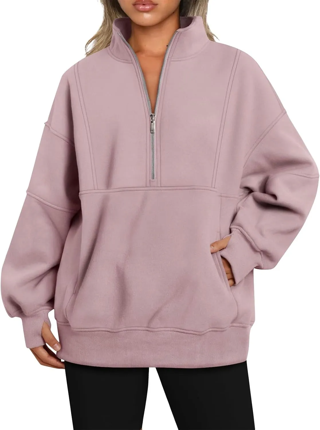 Half Zip Pullover Women Oversized Crewneck Sweatshirts with Pockets Loose Fit Thumb Hole Long Sleeve Sweaters