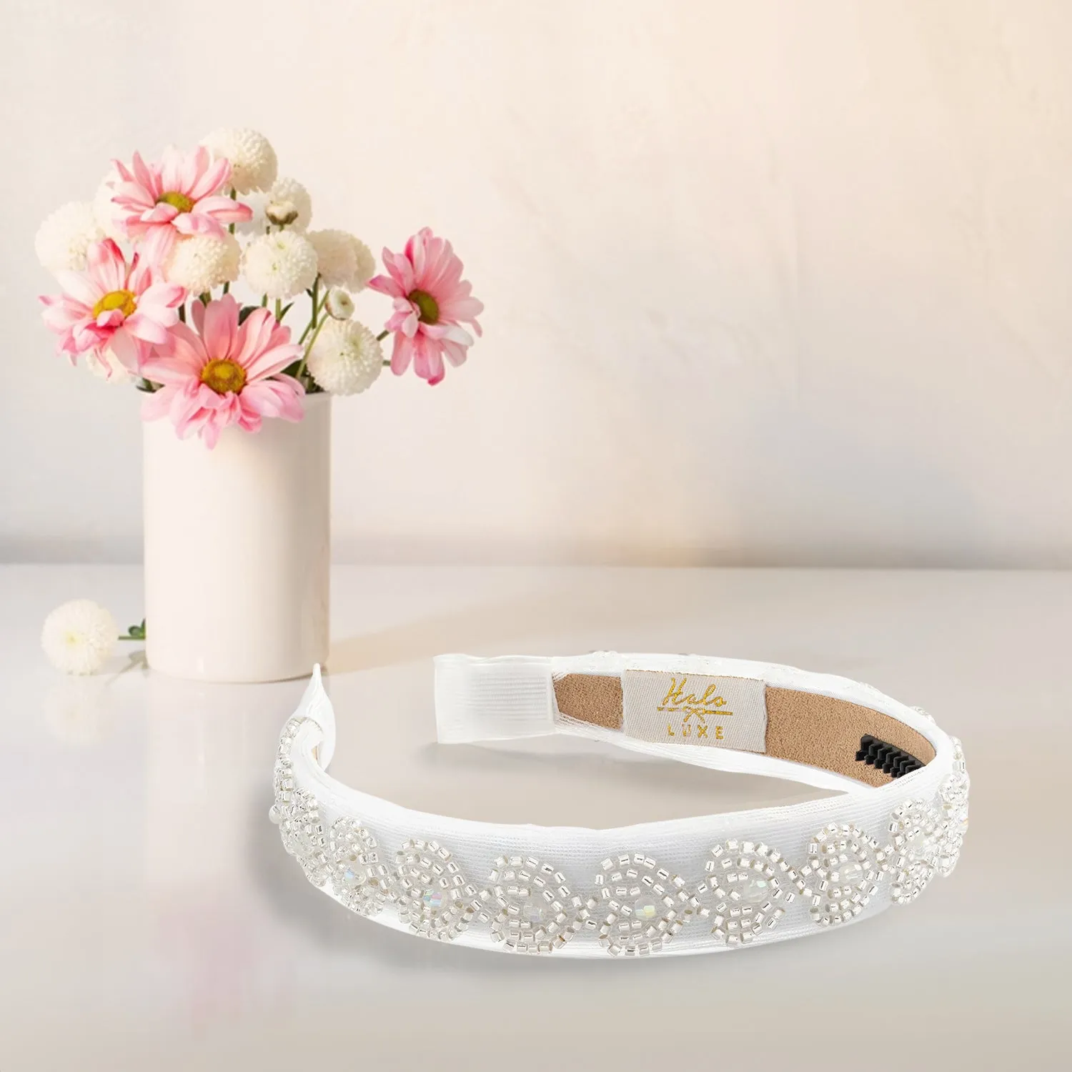 Halo Luxe Heart Candy Stone Embellished Tulle Headband - White