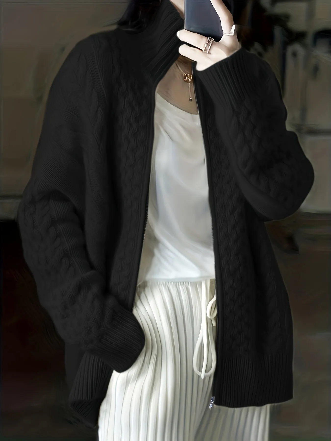 High Neck CableKnit ZipUp Cardigan for Plus Size Women