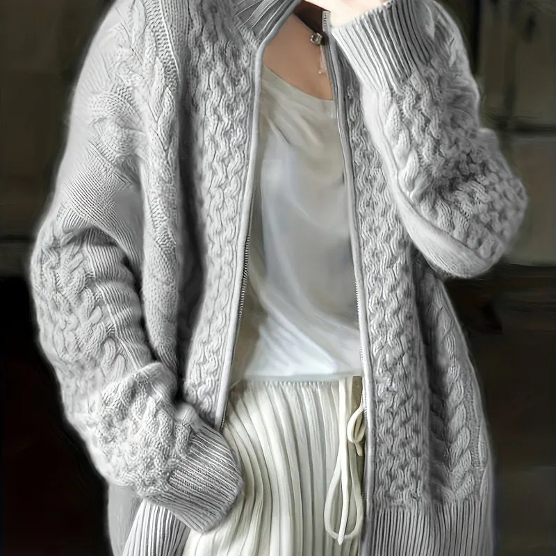 High Neck CableKnit ZipUp Cardigan for Plus Size Women
