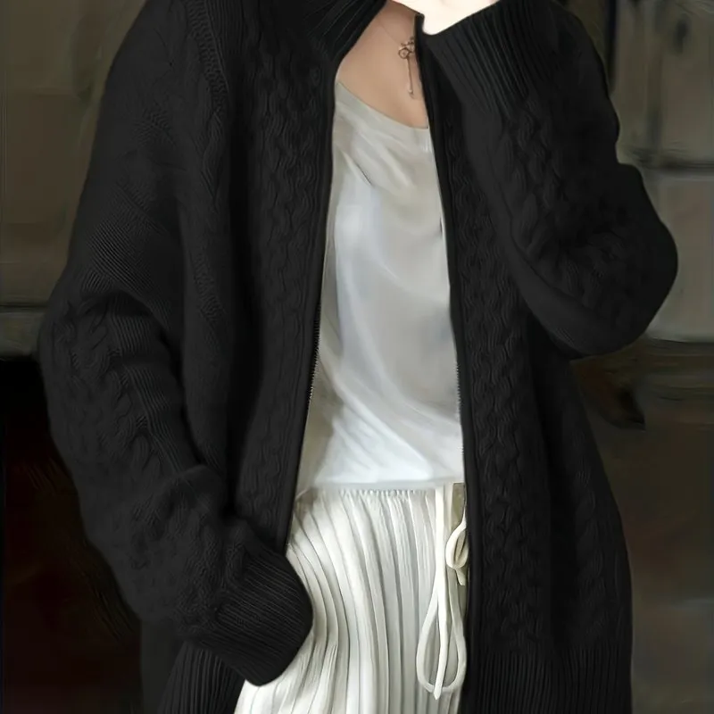 High Neck CableKnit ZipUp Cardigan for Plus Size Women