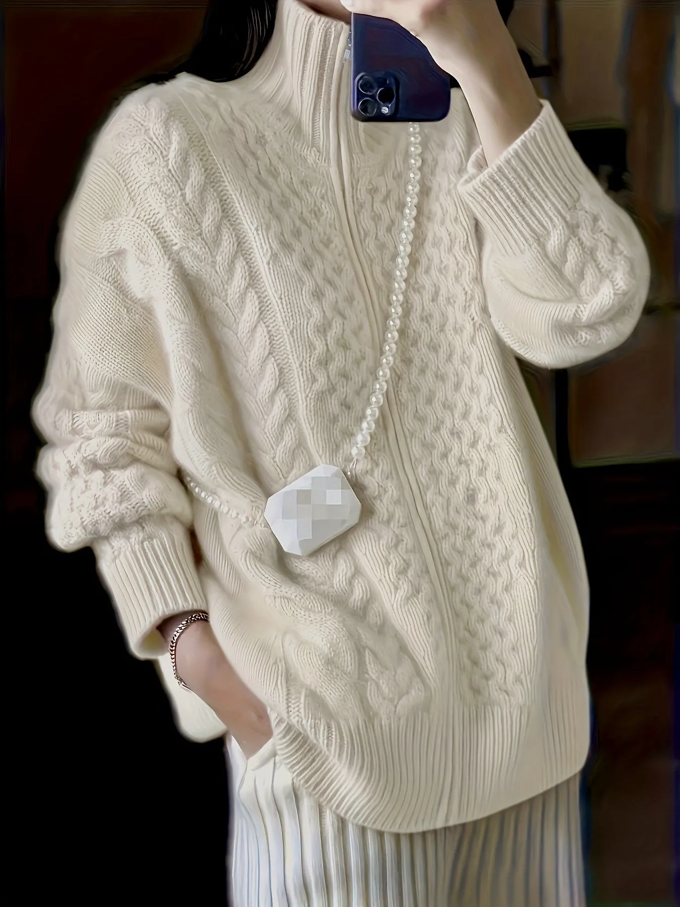 High Neck CableKnit ZipUp Cardigan for Plus Size Women