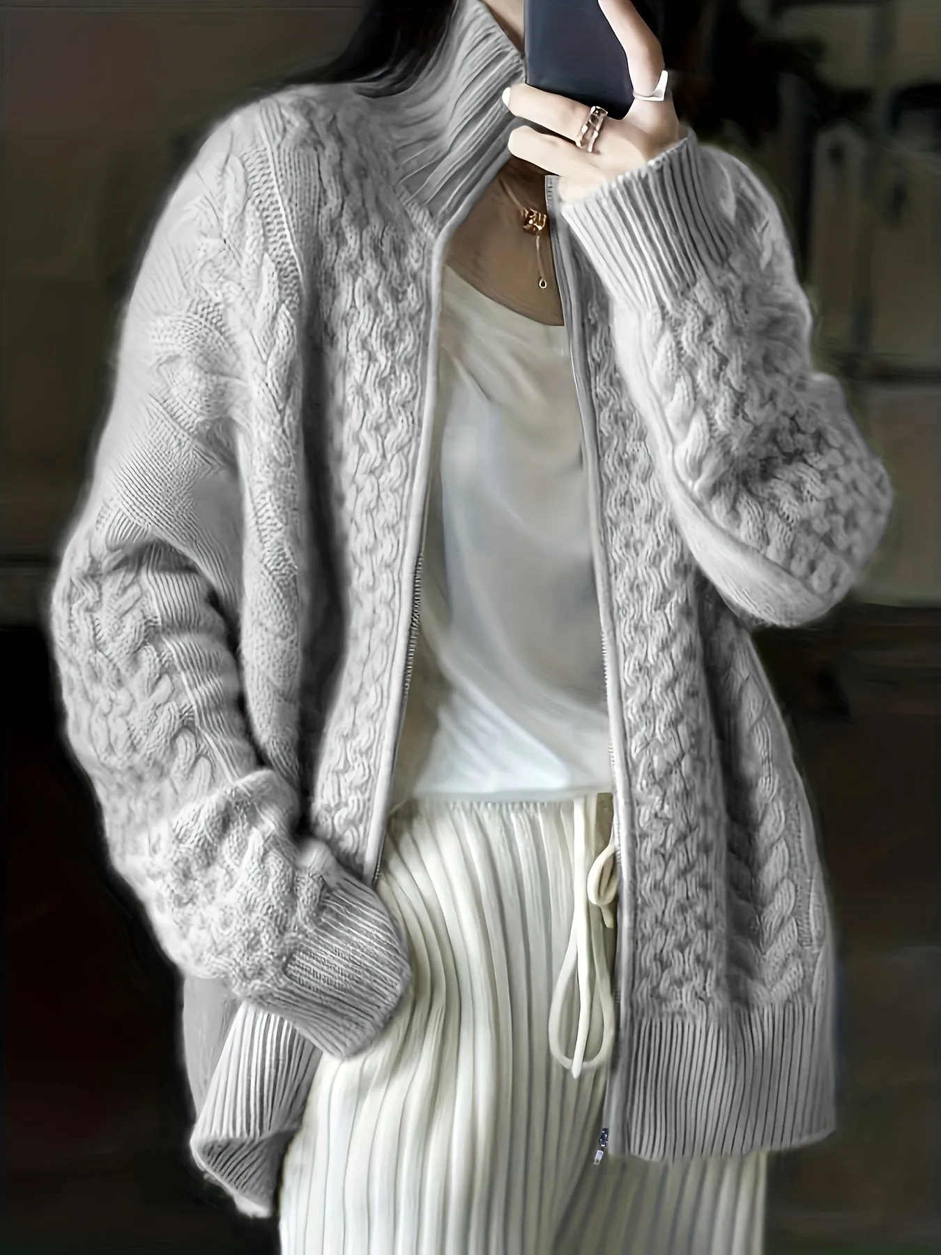 High Neck CableKnit ZipUp Cardigan for Plus Size Women
