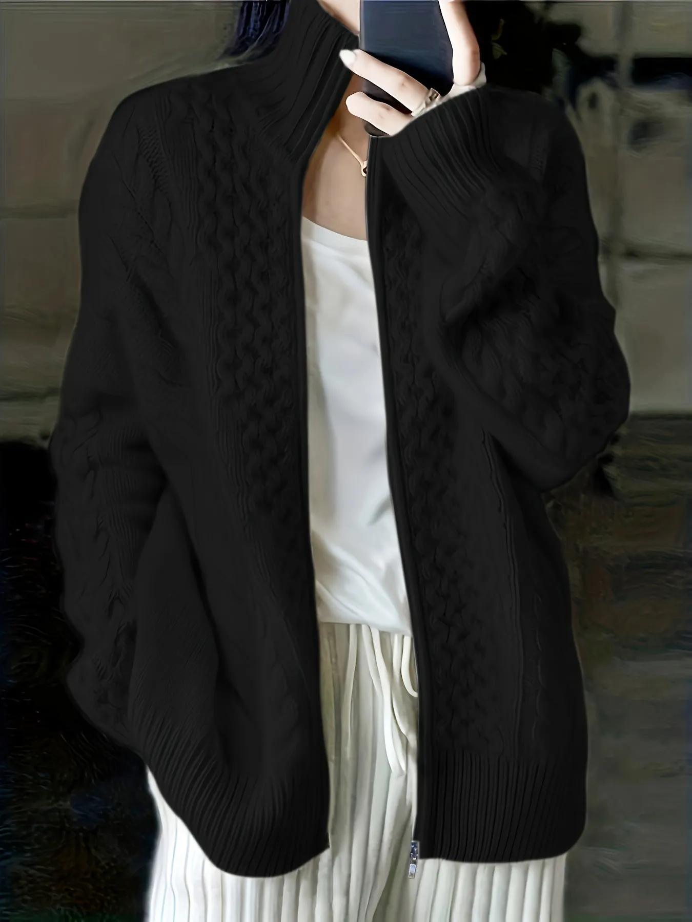 High Neck CableKnit ZipUp Cardigan for Plus Size Women