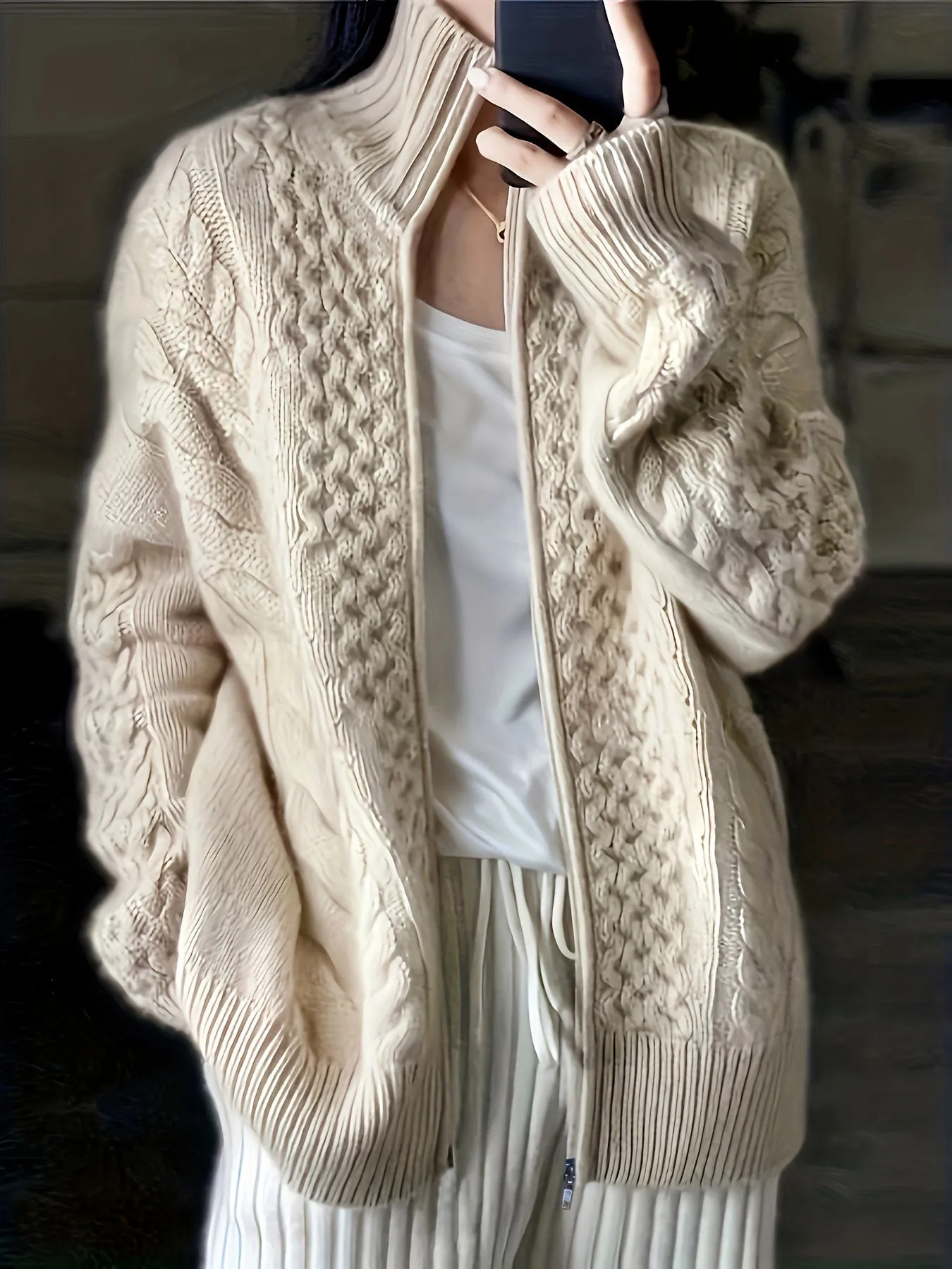 High Neck CableKnit ZipUp Cardigan for Plus Size Women