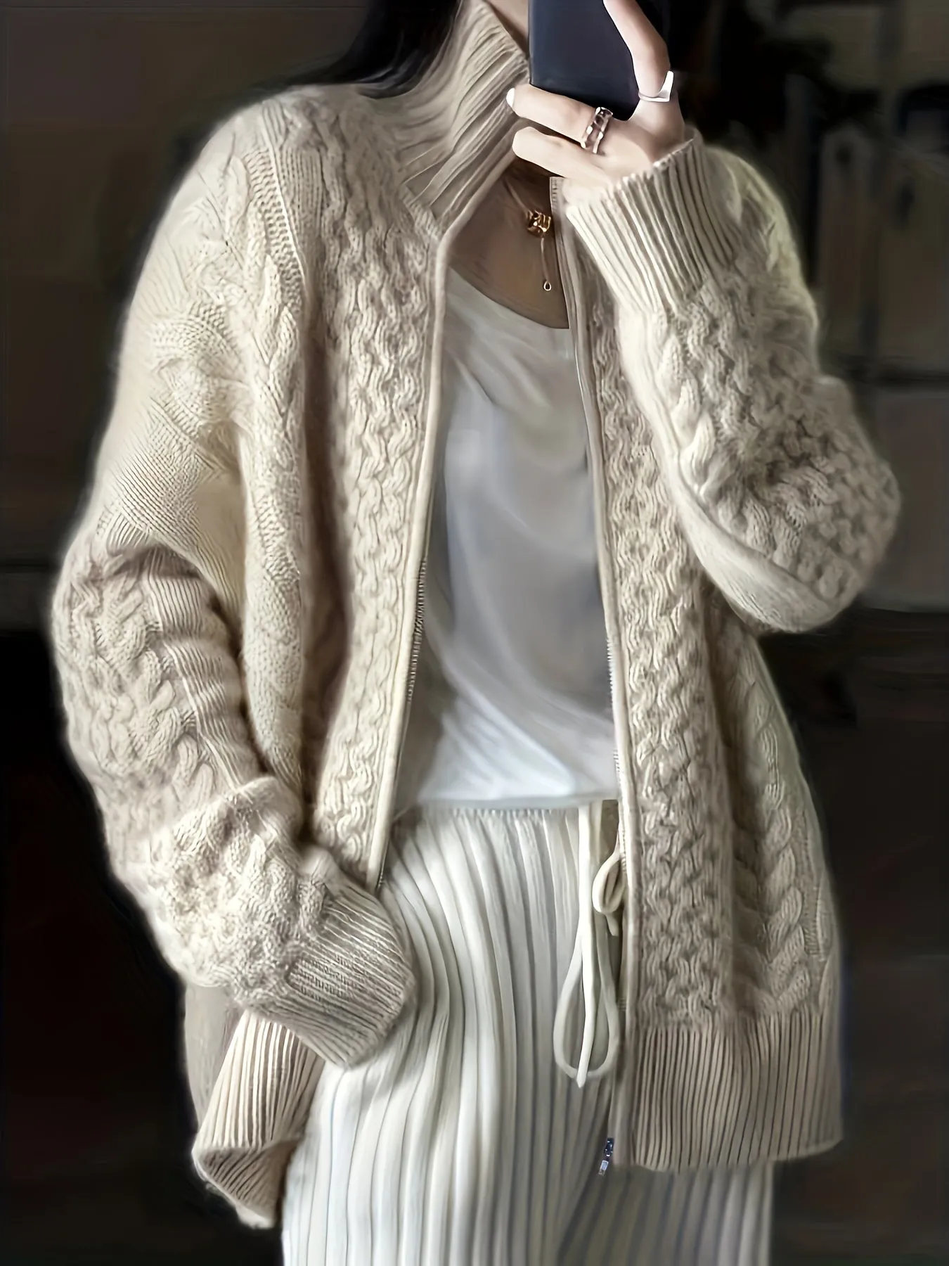 High Neck CableKnit ZipUp Cardigan for Plus Size Women