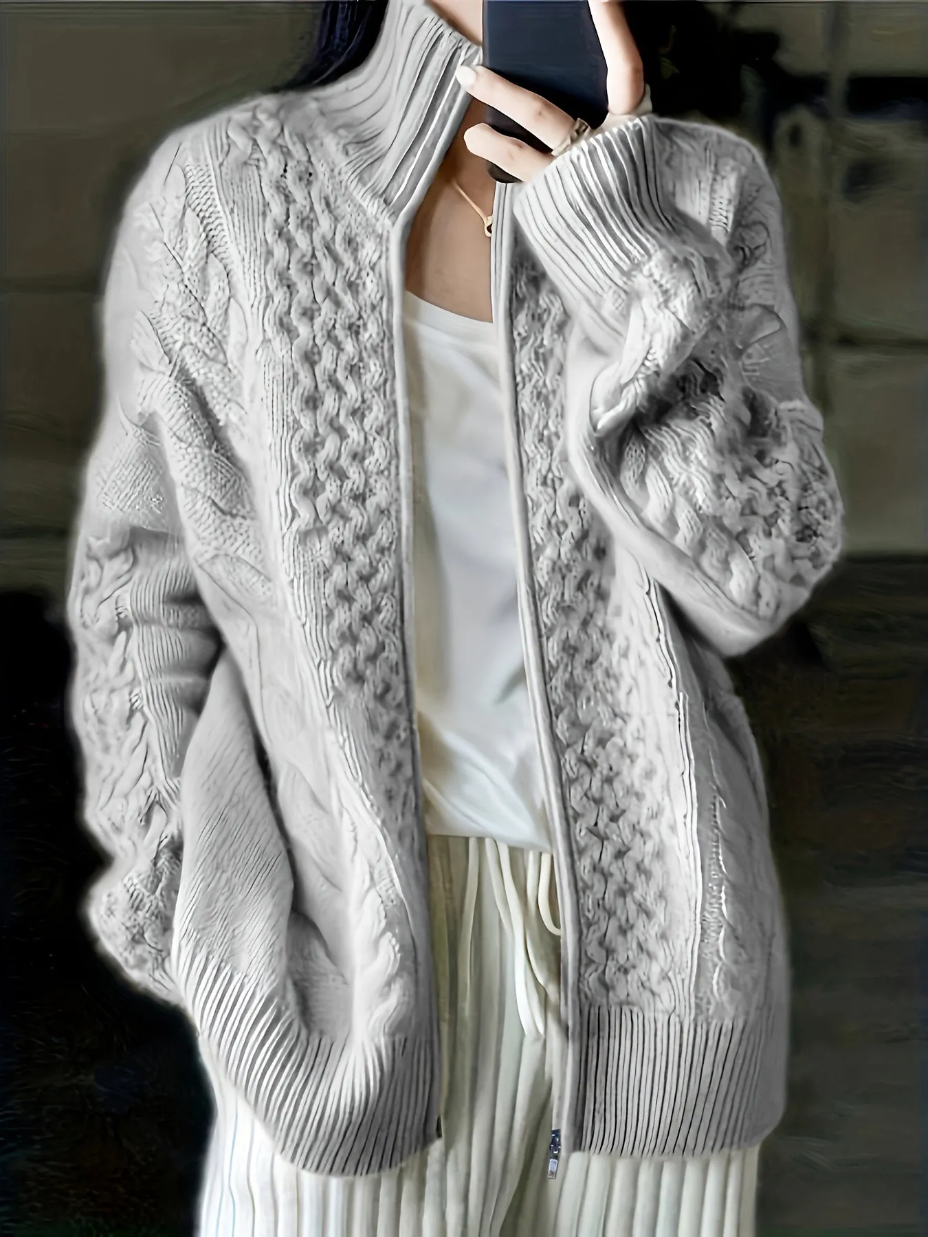 High Neck CableKnit ZipUp Cardigan for Plus Size Women