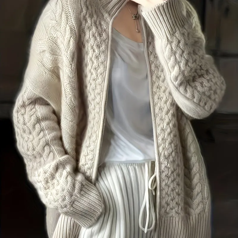 High Neck CableKnit ZipUp Cardigan for Plus Size Women