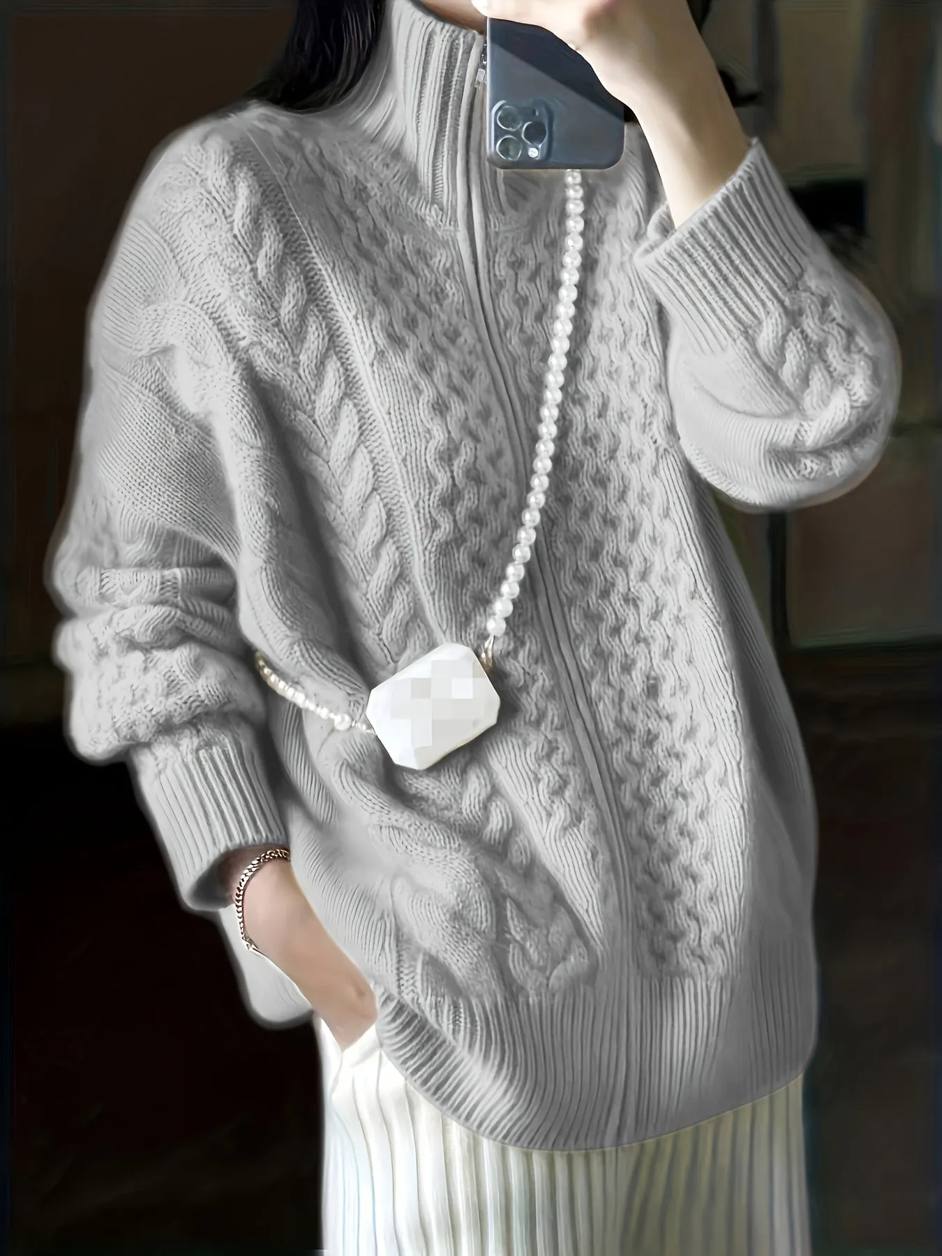 High Neck CableKnit ZipUp Cardigan for Plus Size Women