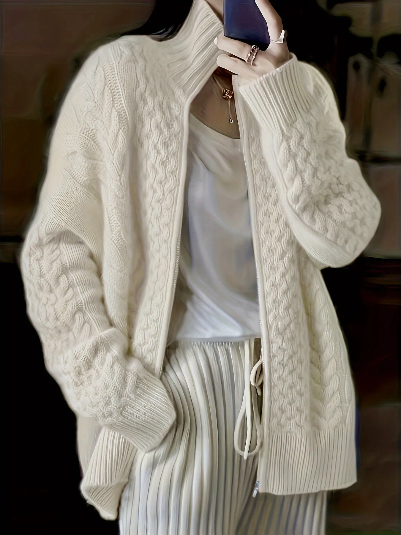 High Neck CableKnit ZipUp Cardigan for Plus Size Women
