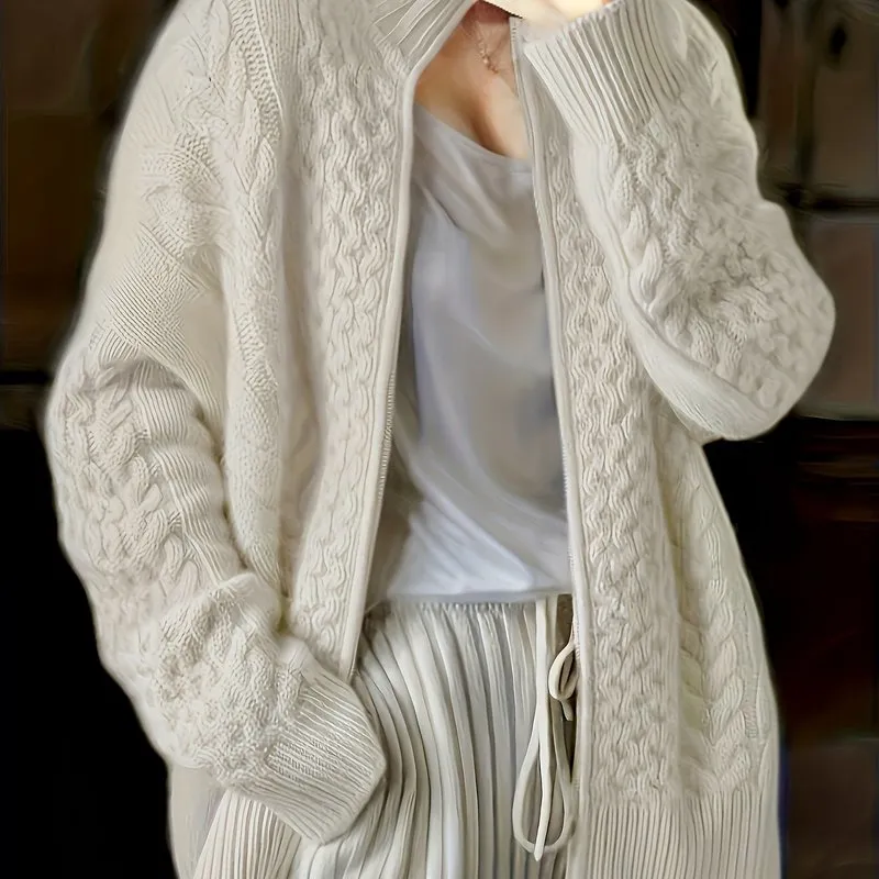 High Neck CableKnit ZipUp Cardigan for Plus Size Women