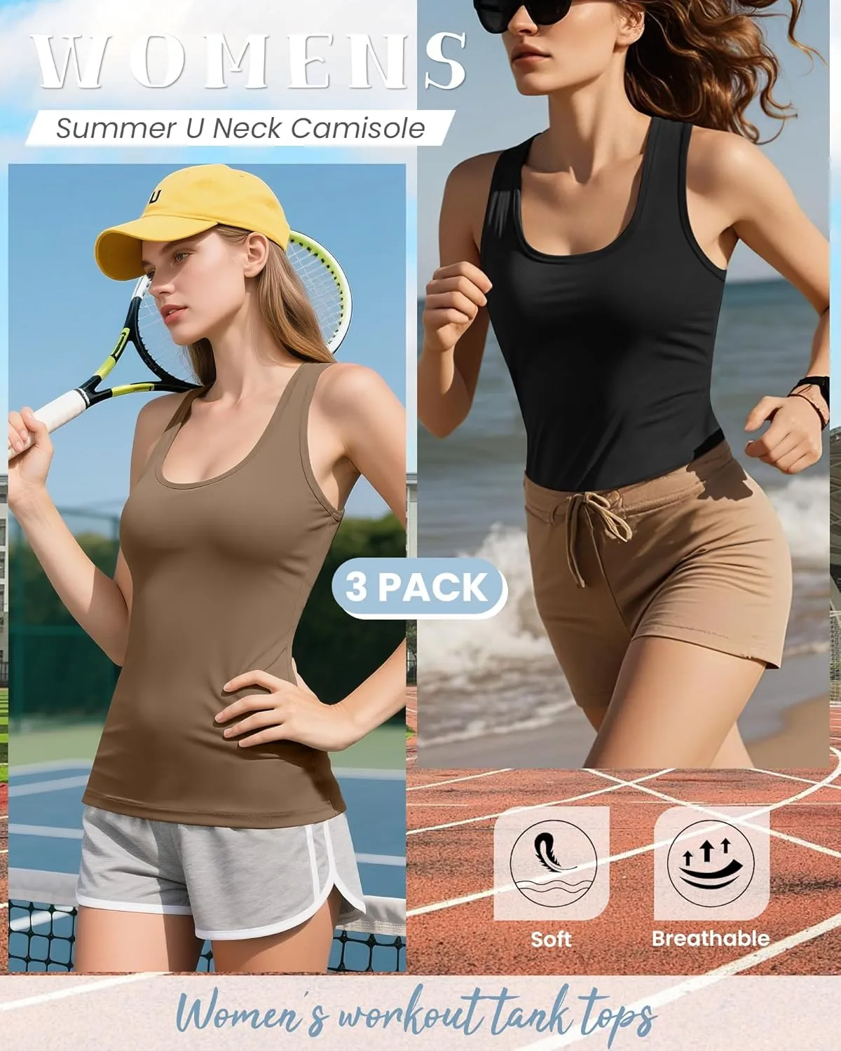 Huukeay 3 Pack Women's Racerback Tank Tops, Cotton Sleeveless Undershirt Tanks Slim Fit Stretch Yoga Workout Summer Top