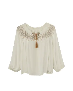 Jenna Embroidered Long Sleeve Blouse | White