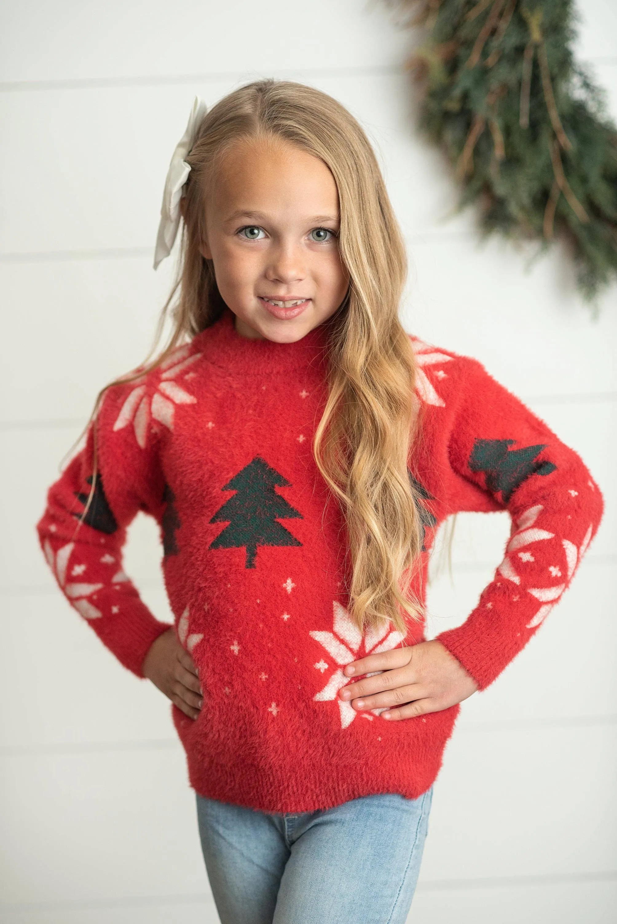 Kids Red & Green Tree Snowflake Fuzzy Crew Neck Sweater:
