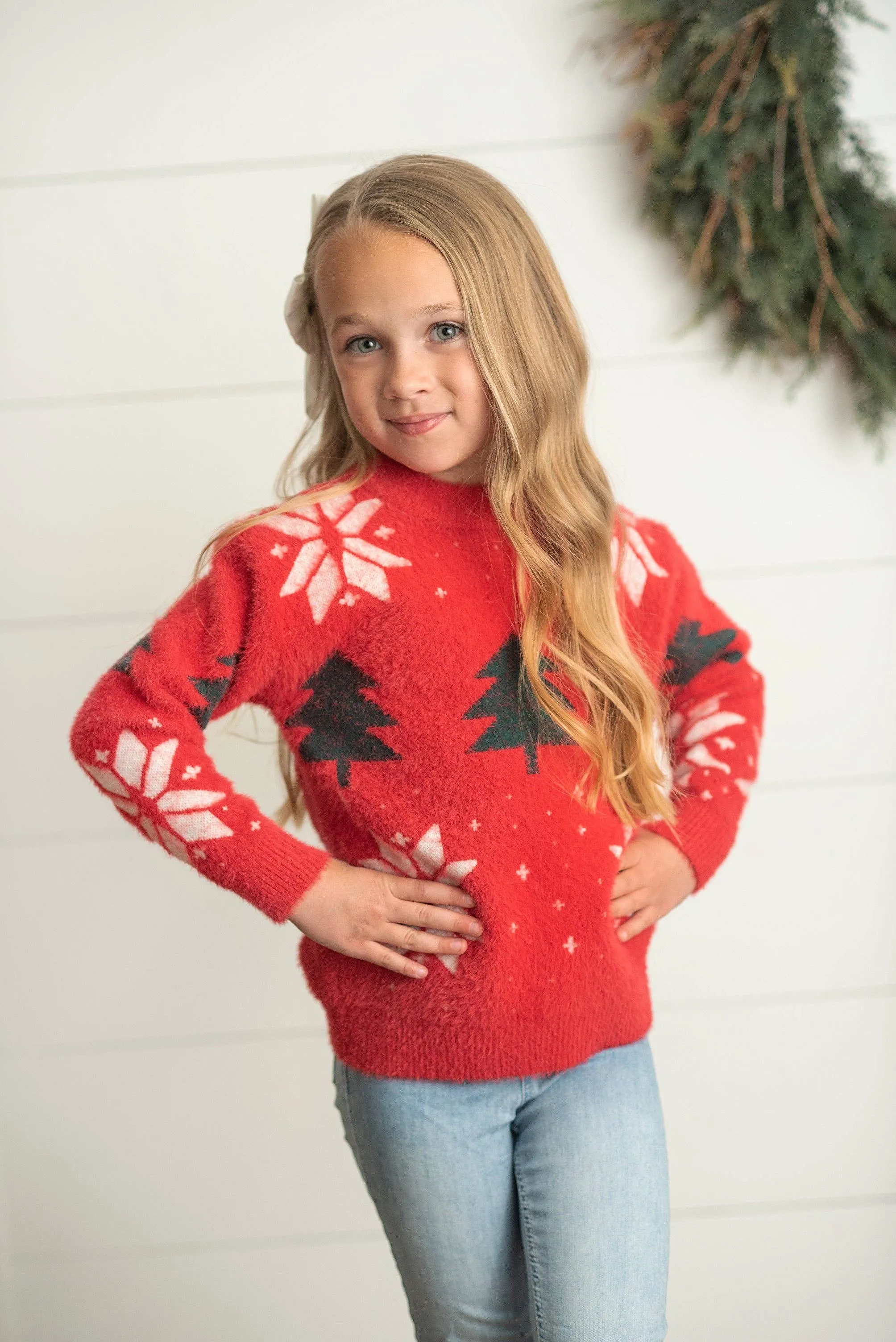 Kids Red & Green Tree Snowflake Fuzzy Crew Neck Sweater: