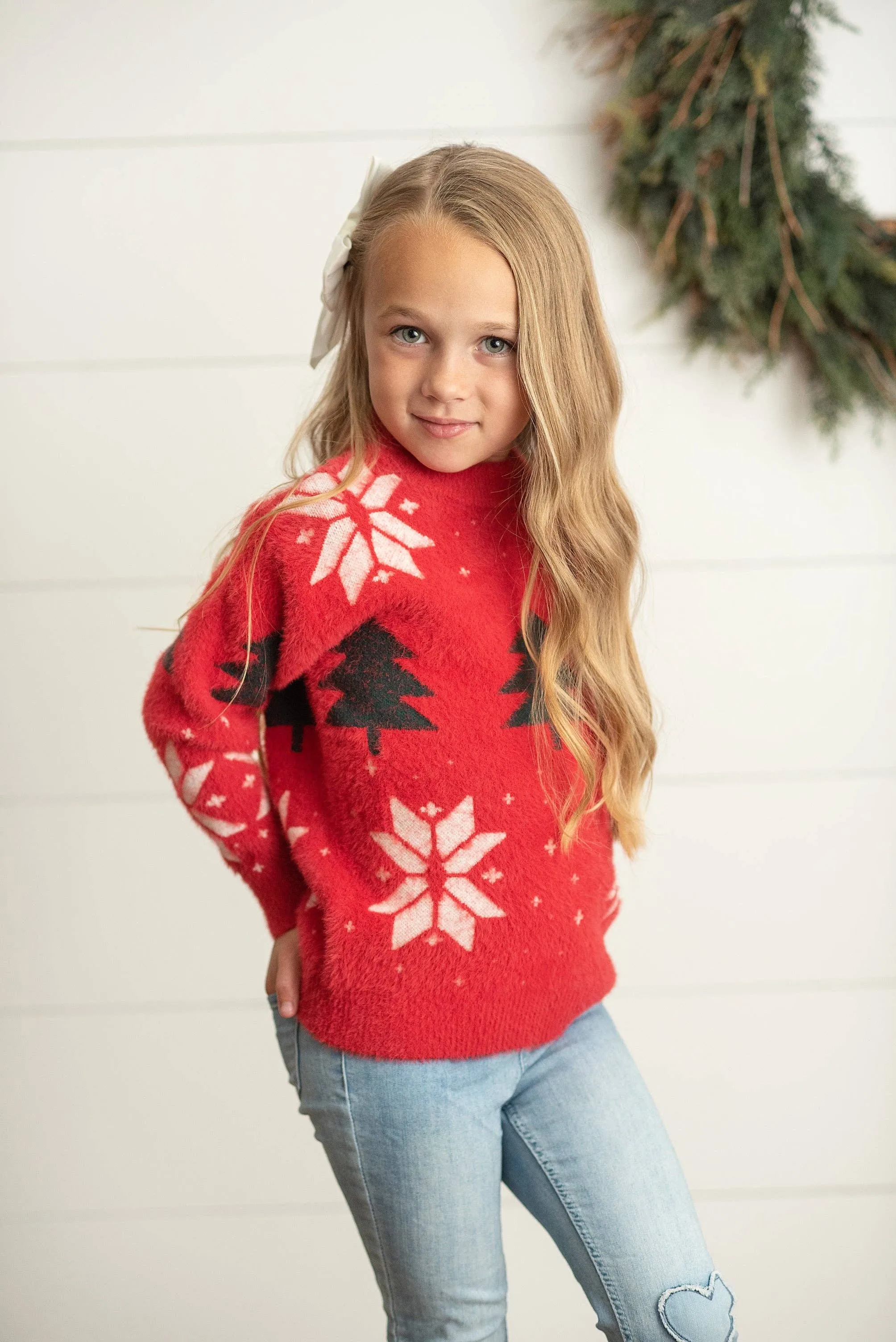 Kids Red & Green Tree Snowflake Fuzzy Crew Neck Sweater: