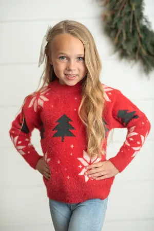 Kids Red & Green Tree Snowflake Fuzzy Crew Neck Sweater: