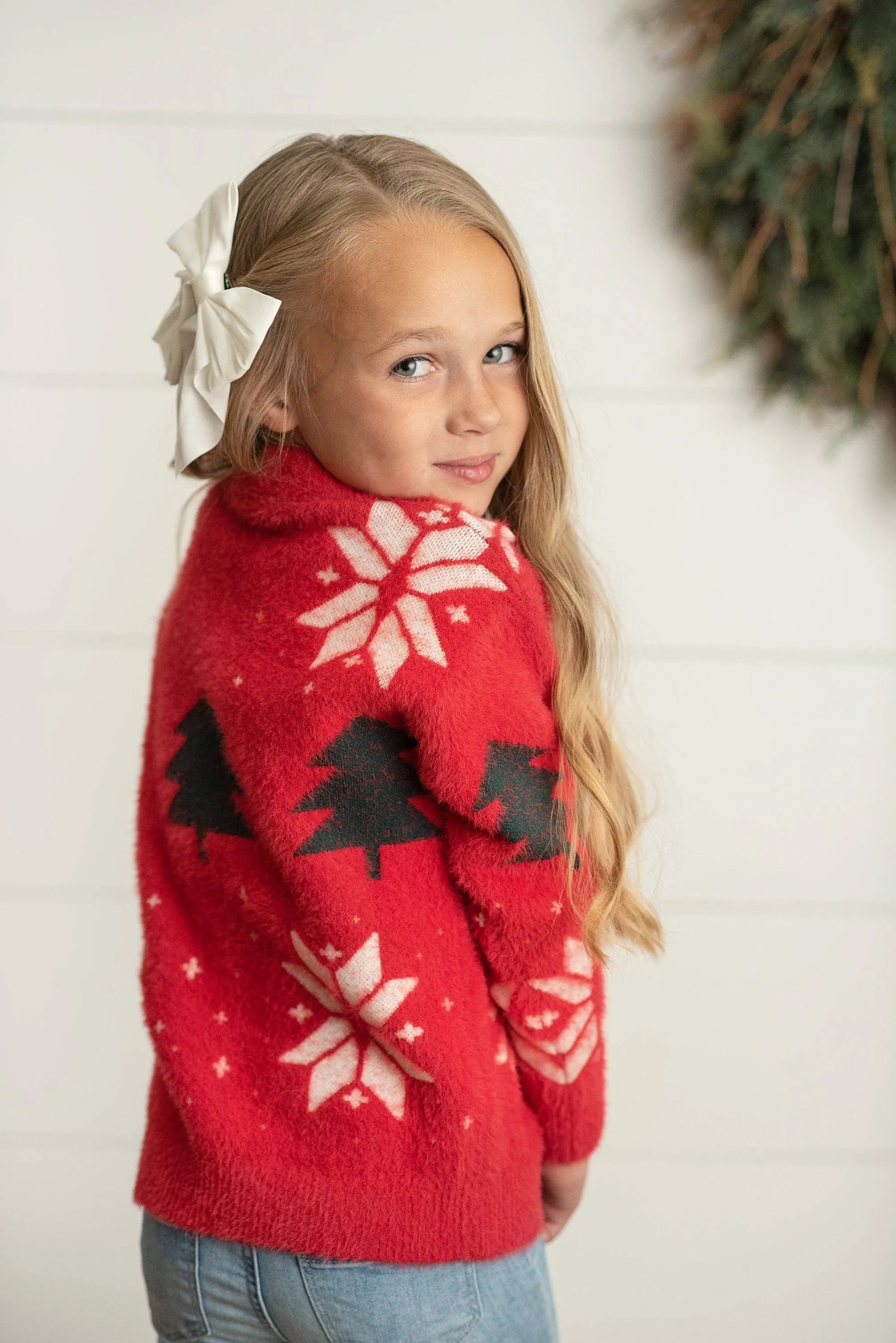 Kids Red & Green Tree Snowflake Fuzzy Crew Neck Sweater:
