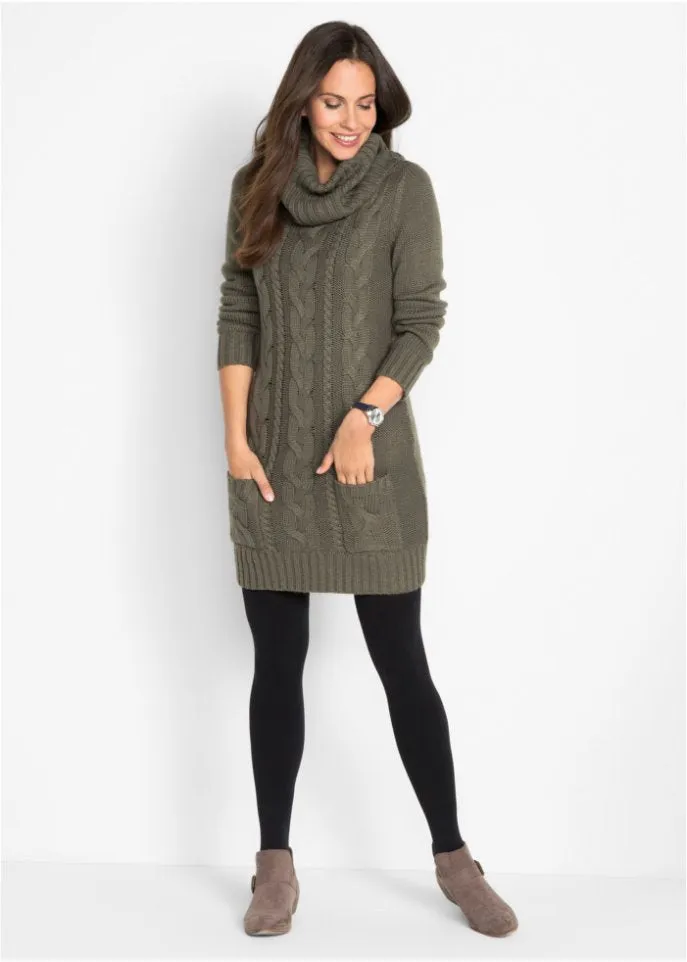 Knitted dress with turtleneck and patch pockets Bpc Bonprix Collection, green