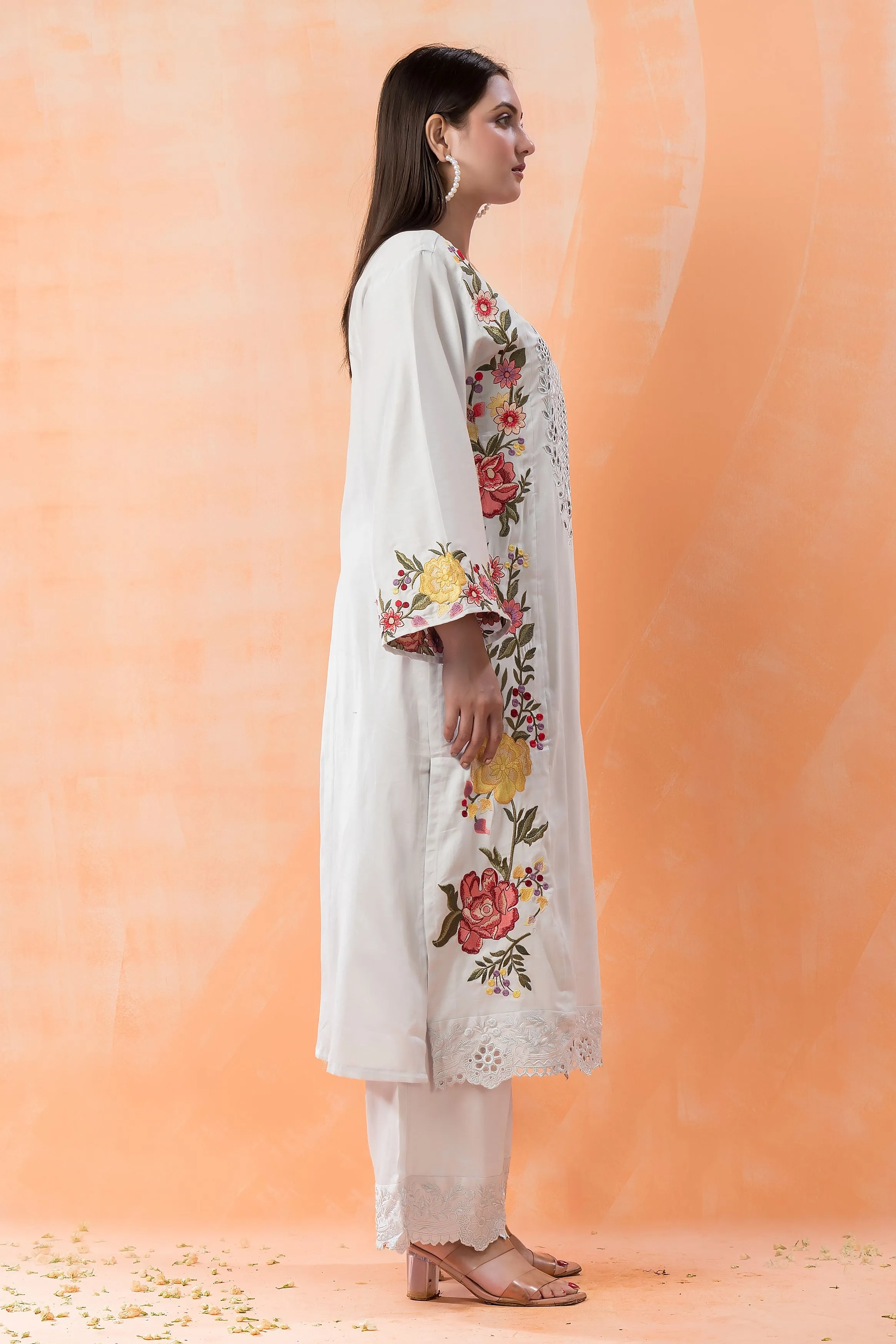 Light Blue Embroidered Cotton Satin Silk Pants Set