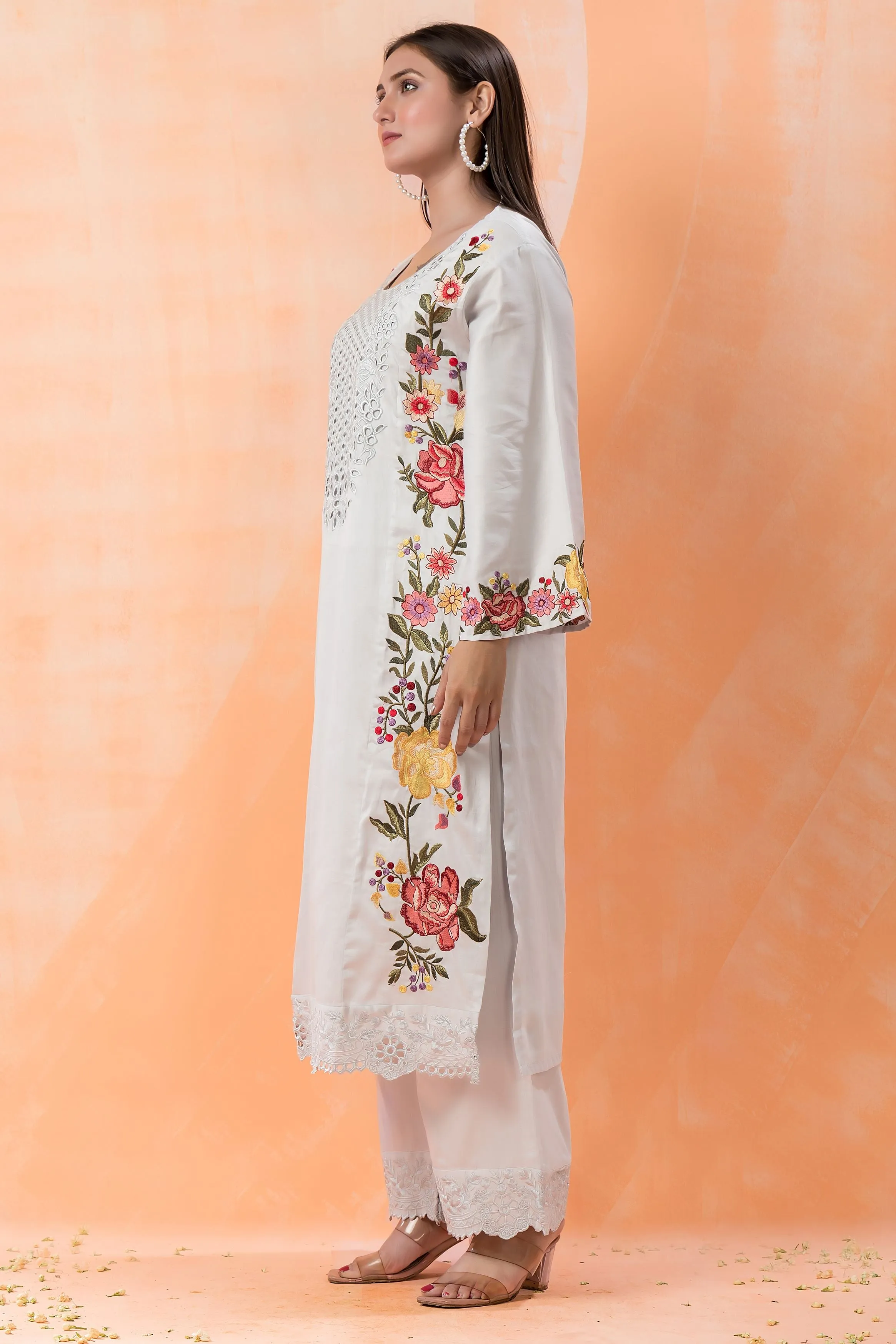 Light Blue Embroidered Cotton Satin Silk Pants Set